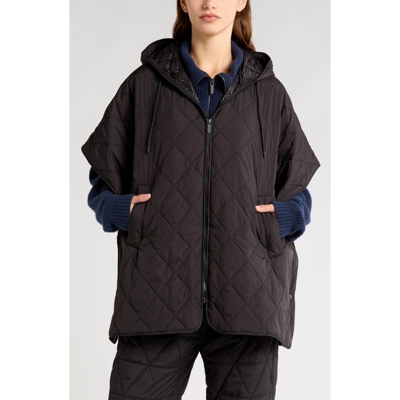 Zella Black Quilted Hooded Poncho Zip Front Diamond Stitch Cape with Pockets - Picture 5 of 15